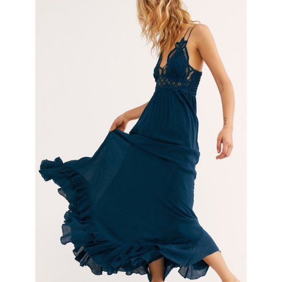 Free People Dresses & Skirts - Free People Navy Blue Adella Lace Smocked Back Ruffle Hem Maxi Slip Dress Small